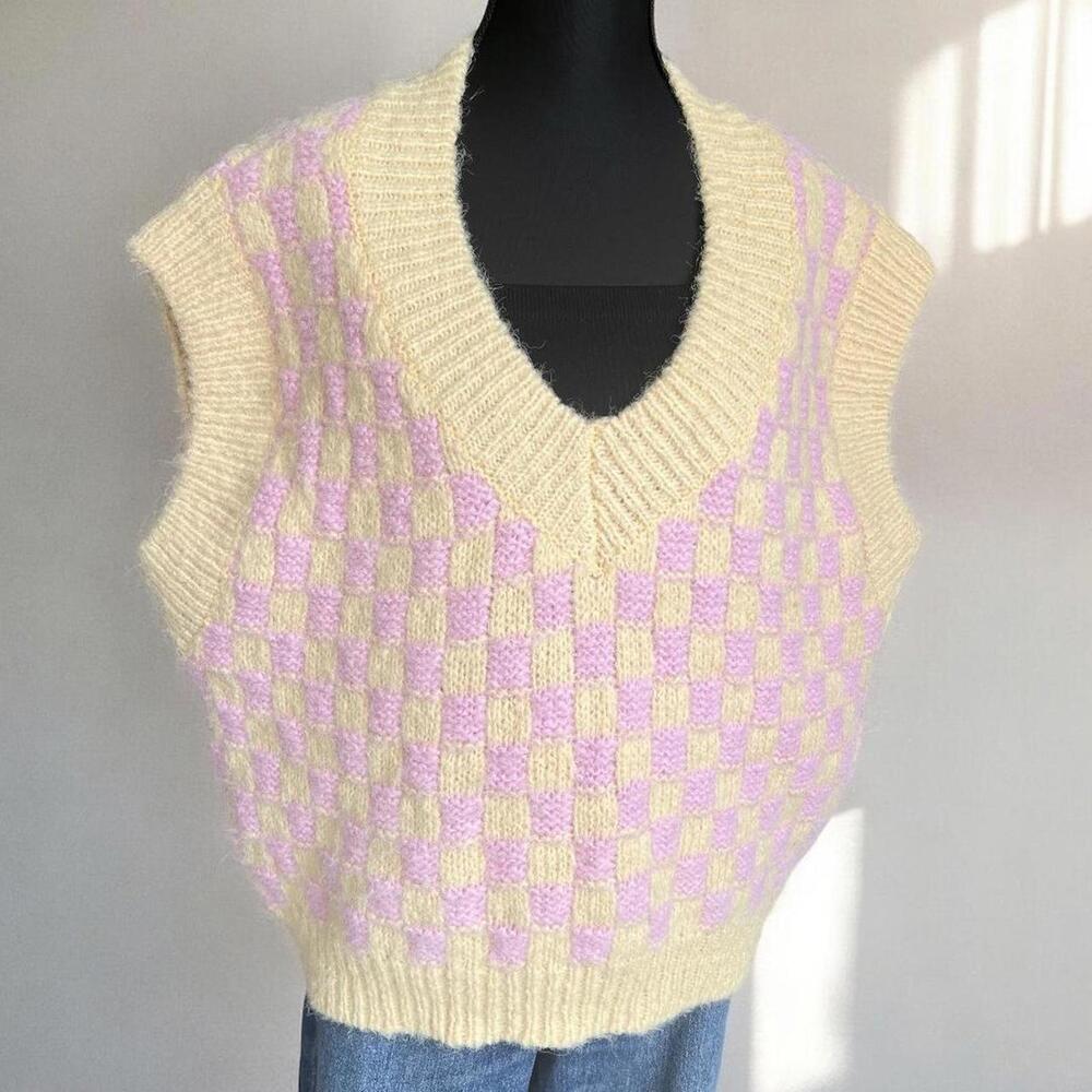 English Factory Checker Knit Vest Butter Yellow Pink Fuzzy Retro Y2K L